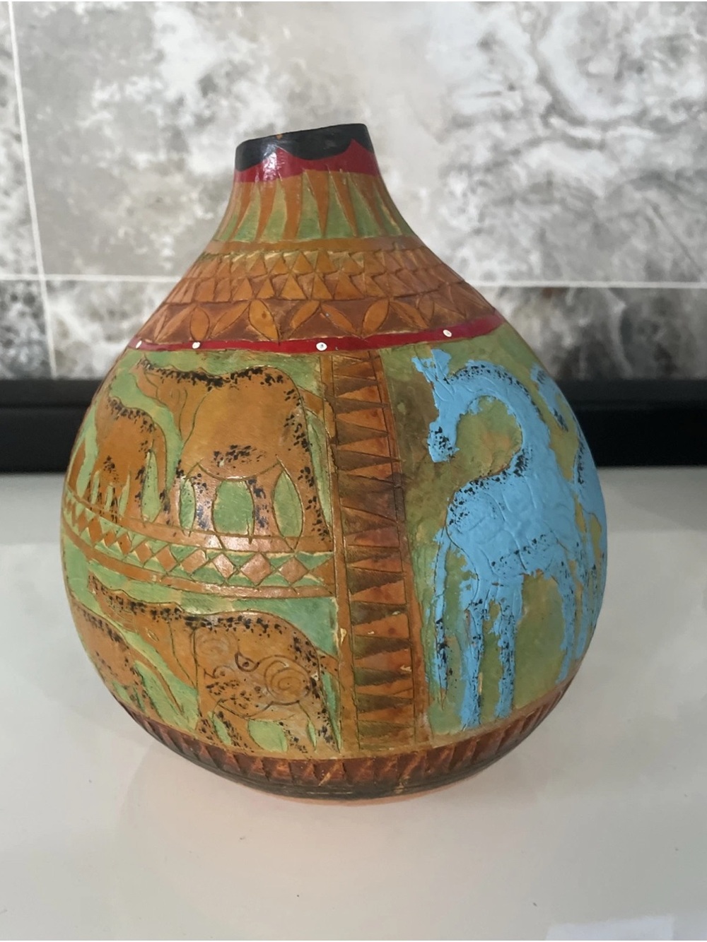 Vintage 1999 African Hand Carved Gourd Vase Kenya Safari Folk Art 9”